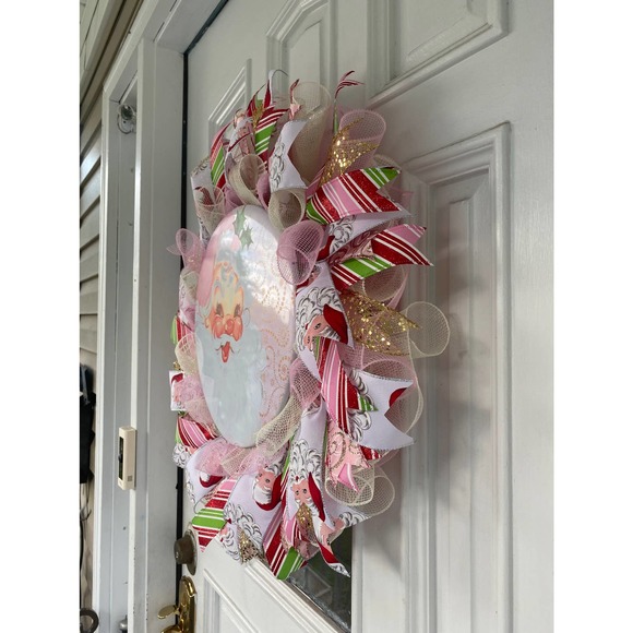 XL 28” Pink Red Green Santa Claus Deco Mesh Ribbon Christmas Wreath - Picture 6 of 8